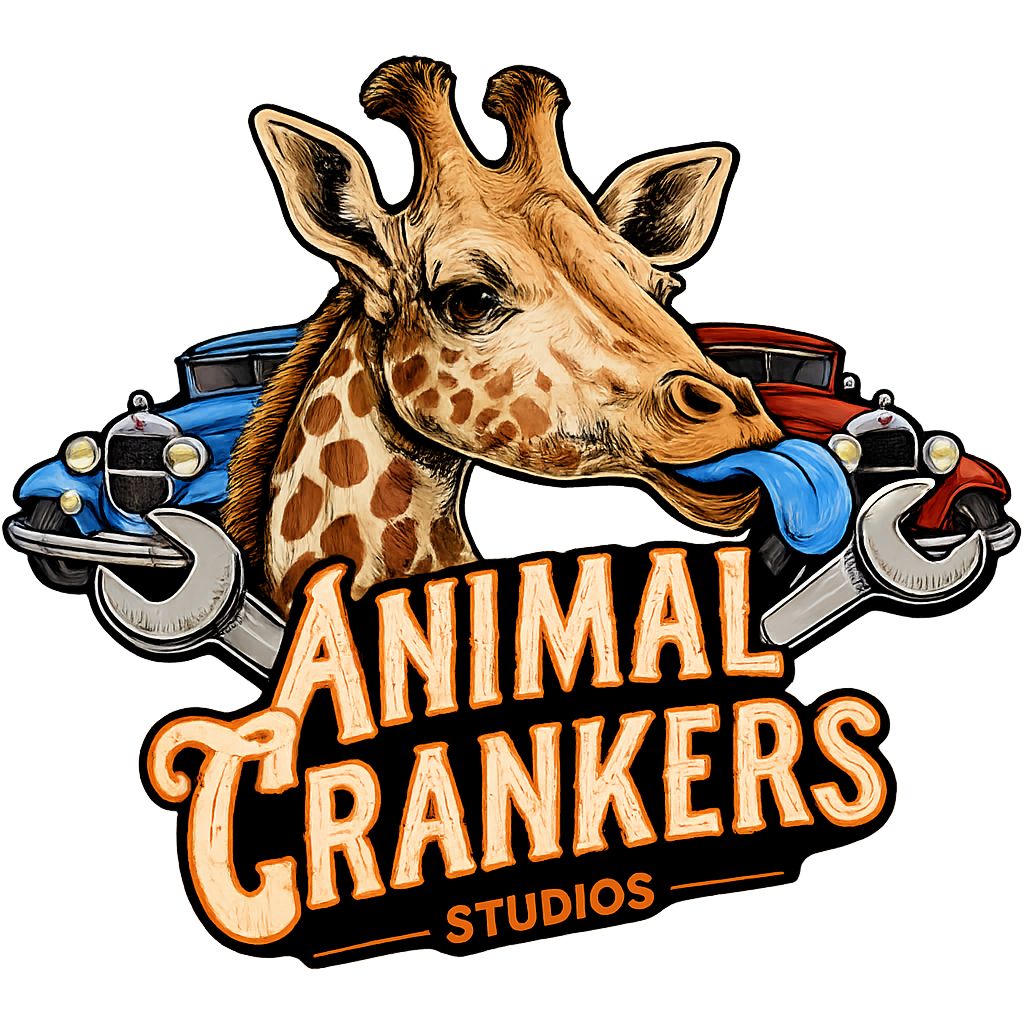 Animal Crankers Studios logo featuring a giraffe, old cars, wrenches, and stylized lettering